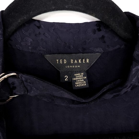 Ted Baker Satin Blouse Size 2 Dark Leopard Long Sleeve Jacquard Top Choker Neck - Picture 7 of 13